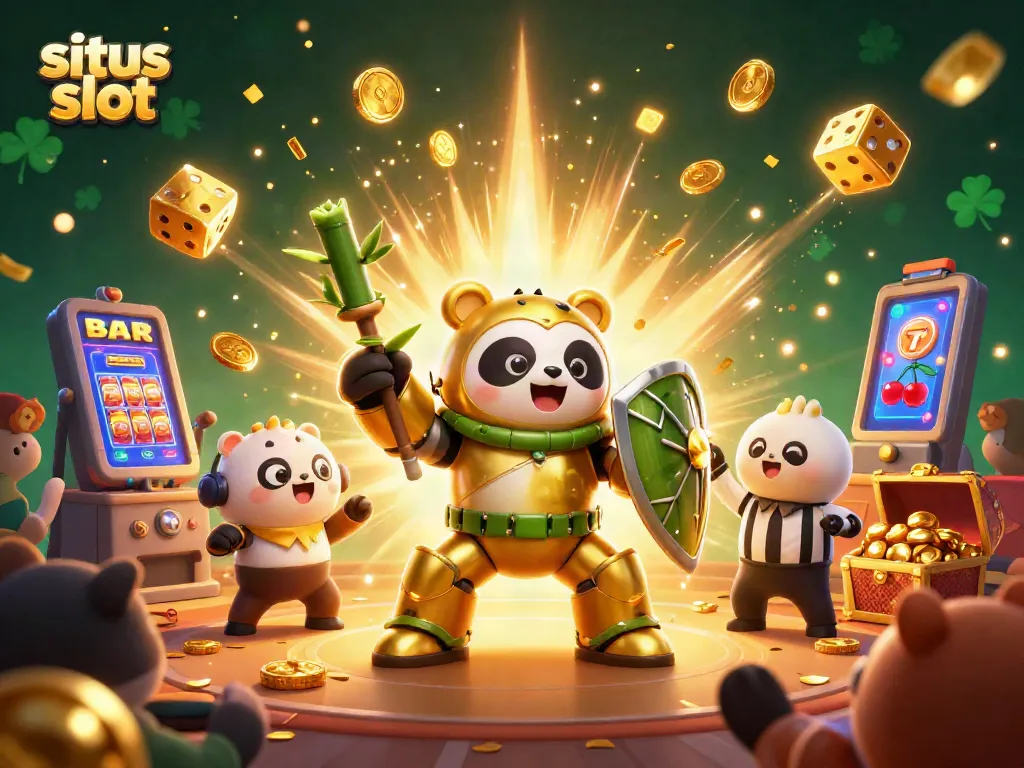 Menangkan jackpot di situs slot dengan ilustrasi 3D menarik dari panda emas dan robot bertempur.
