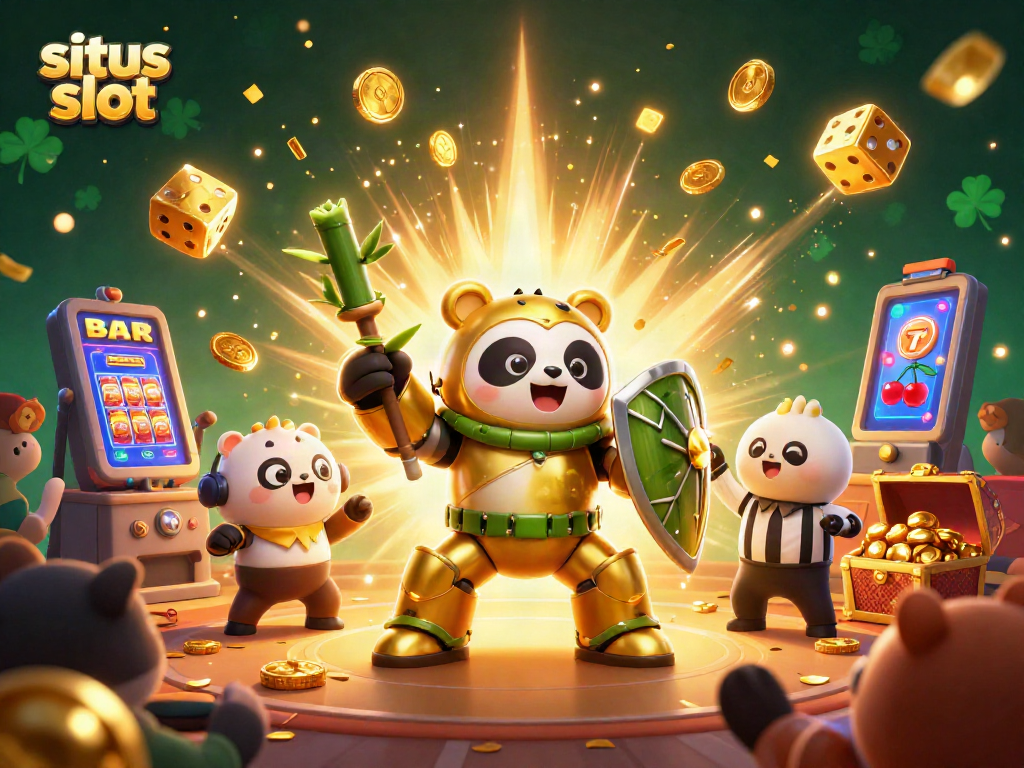 Menangkan jackpot di situs slot dengan ilustrasi 3D menarik dari panda emas dan robot bertempur.