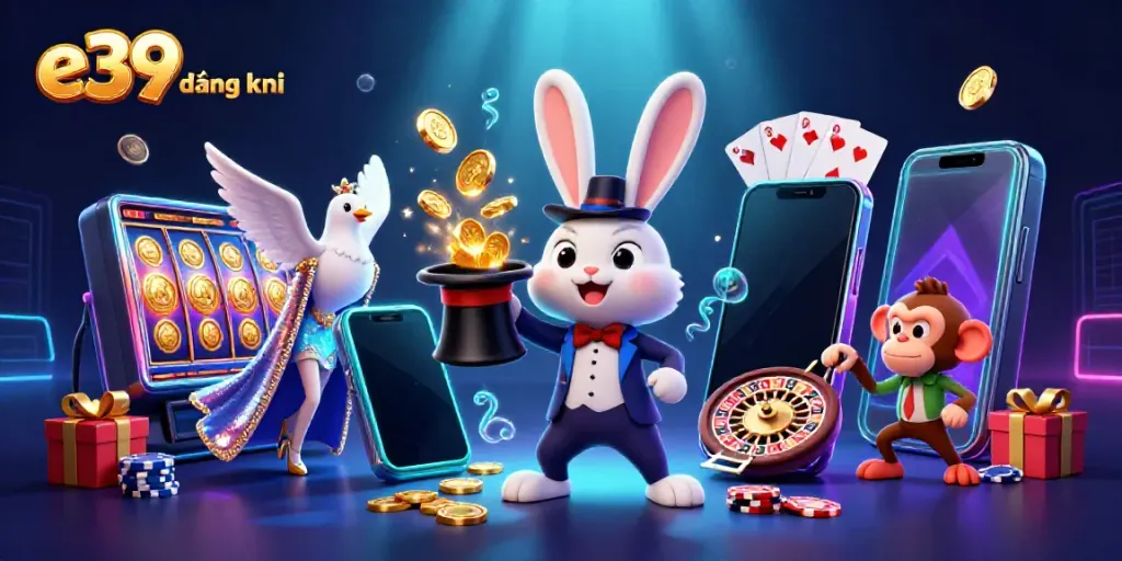Experience e39 đăng ký with a vibrant illustration of a magician rabbit, shimmering coins, and casino action!
