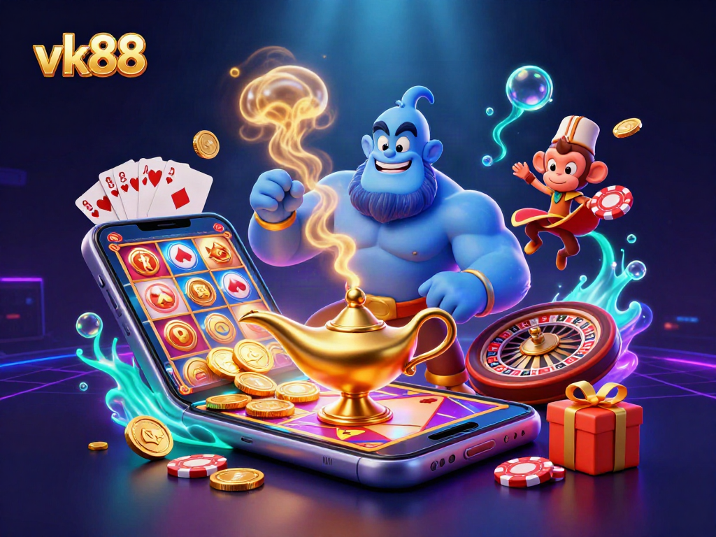 Experience the magic of vk88 with an enchanting 3D casino illustration featuring a genie, monkey, and gaming elements.