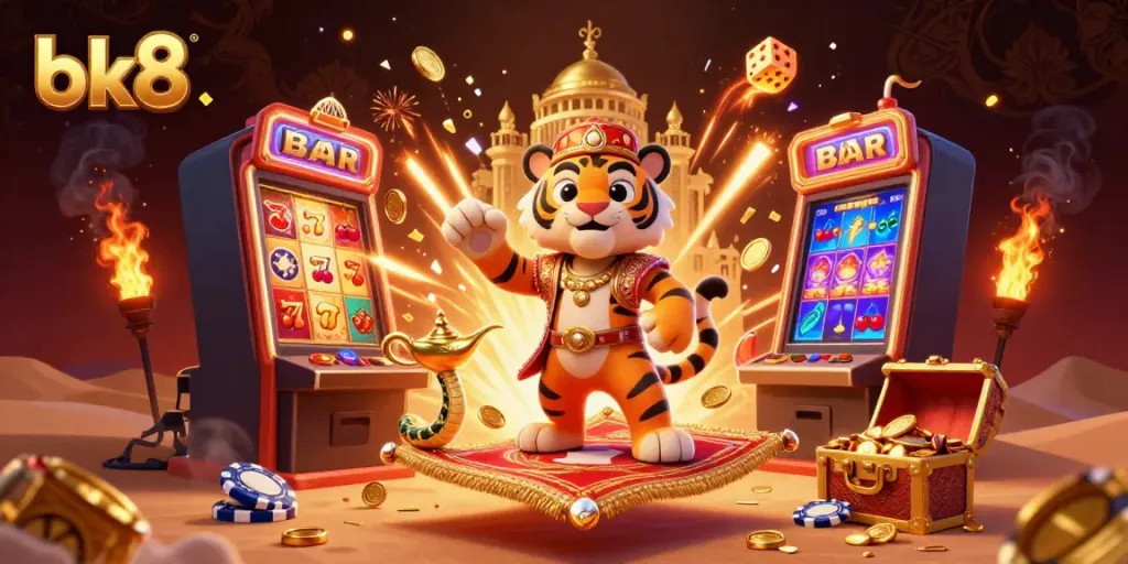 Engage in the thrilling world of bk8 with a vibrant 3D casino adventure featuring a tiger sultan on a fortune-filled carpet.