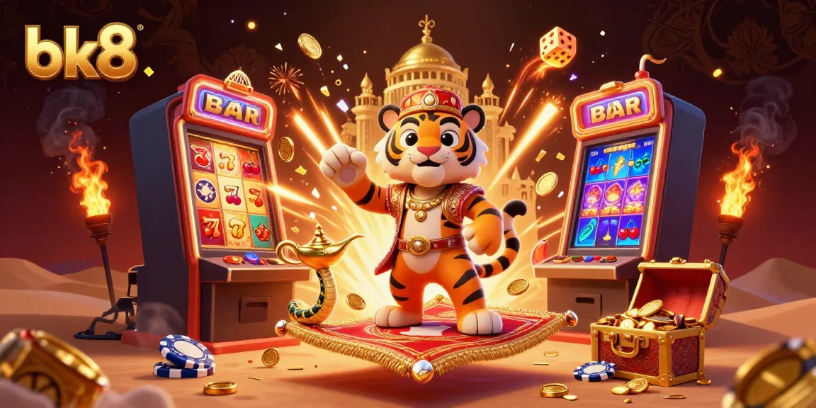 Engage in the thrilling world of bk8 with a vibrant 3D casino adventure featuring a tiger sultan on a fortune-filled carpet.