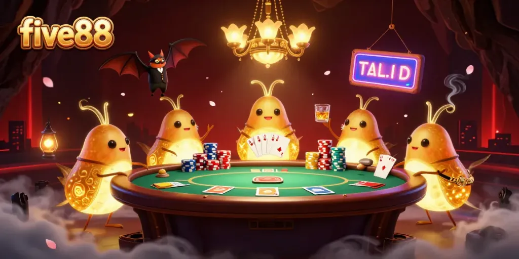 Experience vibrant five88 gaming action with glowworms illuminating a dynamic casino scene.