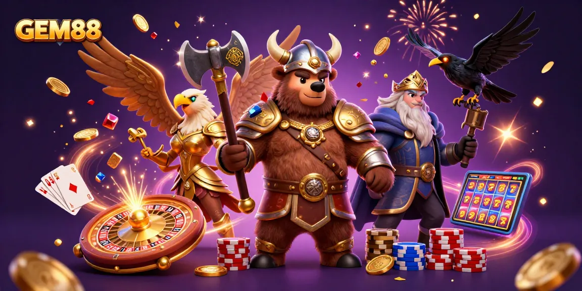 Experience the exhilarating gameplay at GEM88 with a vibrant 3D casino illustration featuring exciting characters and dynamic gambling elements.