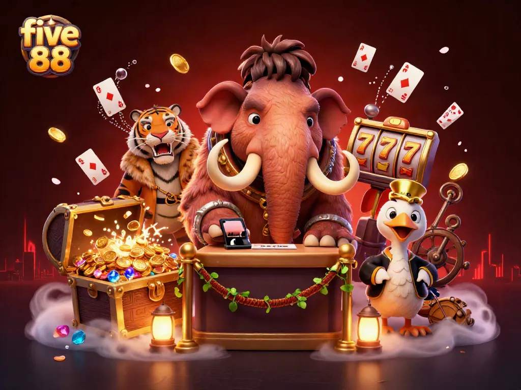 Experience thrilling gameplay and bonuses with five 88 in this vibrant casino illustration filled with excitement.