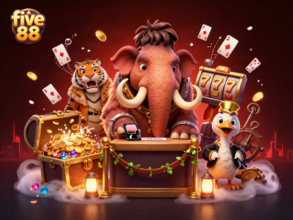 Experience thrilling gameplay and bonuses with five 88 in this vibrant casino illustration filled with excitement.