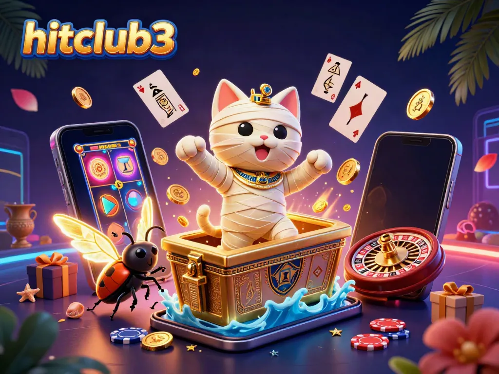 Play slots and win big with hitclub3 in a vibrant 3D casino scene featuring an Egyptian mummy cat and gold coins.