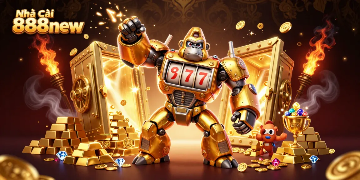 Experience thrilling gameplay at Nhà cái 888new with dynamic 3D illustration of golden mech and casino elements.