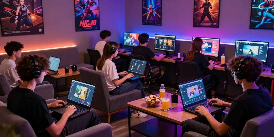 Engaged gamers enjoying hitclub platform in a vibrant gaming lounge.