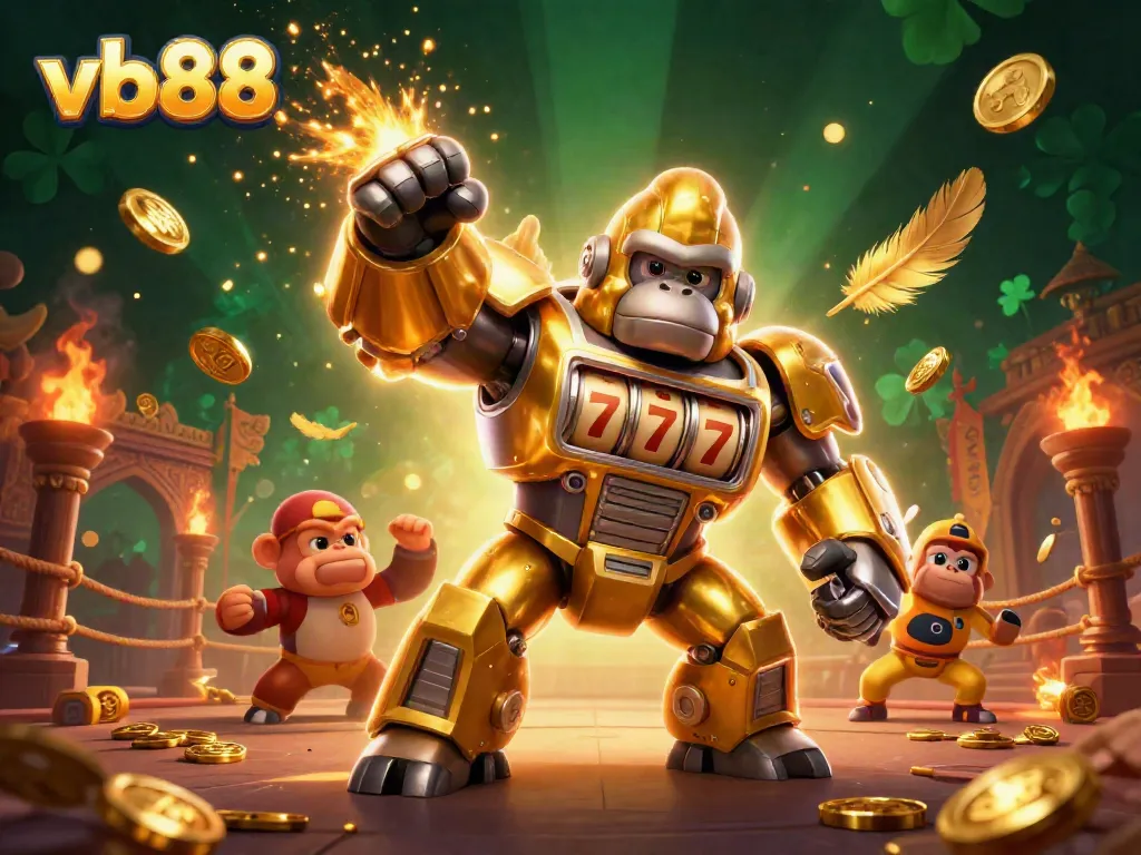 Experience thrilling wins at vb88 with a dynamic illustration of a golden gorilla mech and slot machine elements.