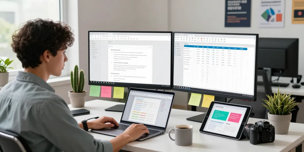 WPS Download workspace with a professional using dual monitors for document editing and spreadsheets.