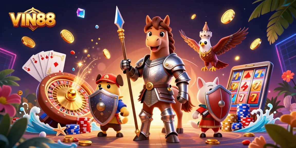 Experience the thrill of winning at VIN88 with a dynamic casino scene filled with excitement and vibrant elements.
