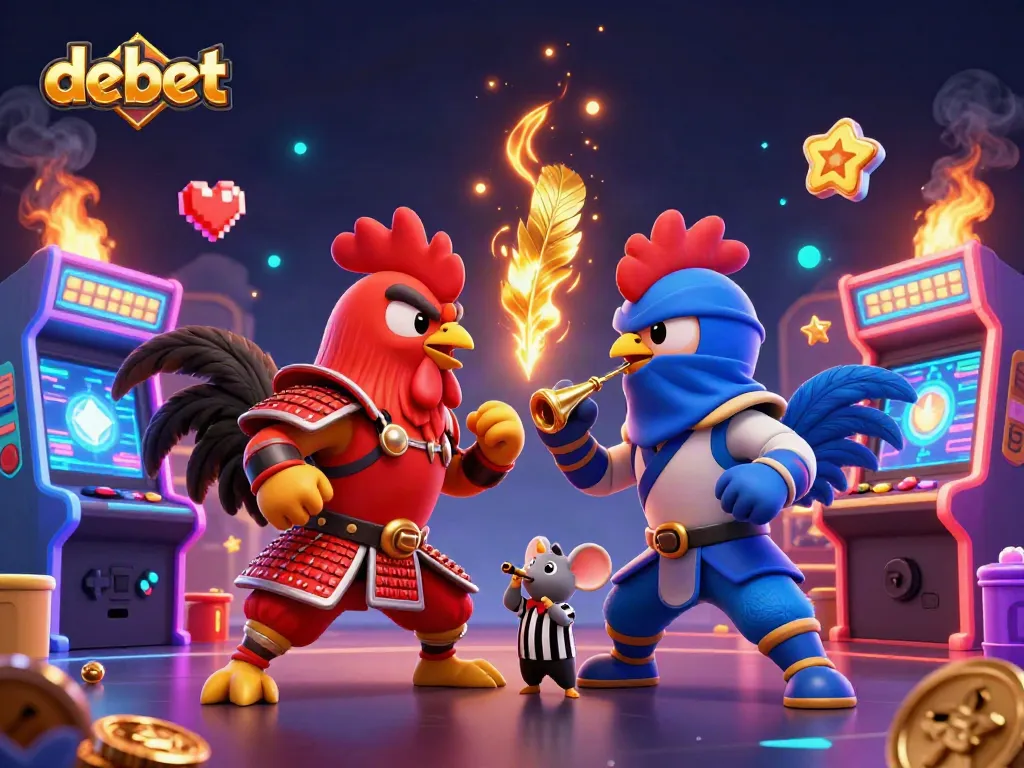 Debet twin roosters face-off in dramatic casino-themed 3D illustration showcasing action-packed gaming elements.