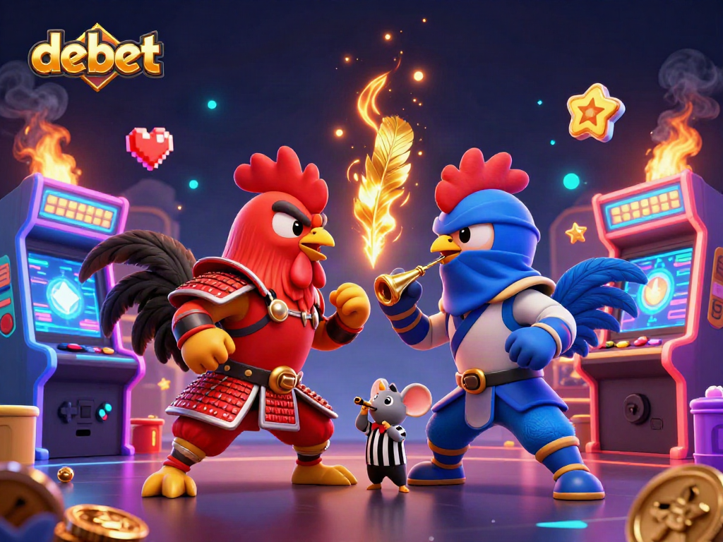 Debet twin roosters face-off in dramatic casino-themed 3D illustration showcasing action-packed gaming elements.