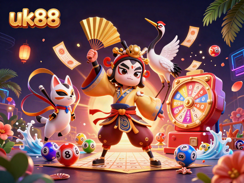 Experience exciting gameplay with uk88 featuring kabuki warrior and kitsune in a vibrant casino scene.
