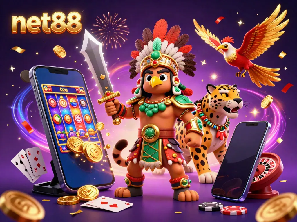 Experience gaming excitement with net88's festive Aztec-inspired 3D illustration, showcasing vibrant casino elements.