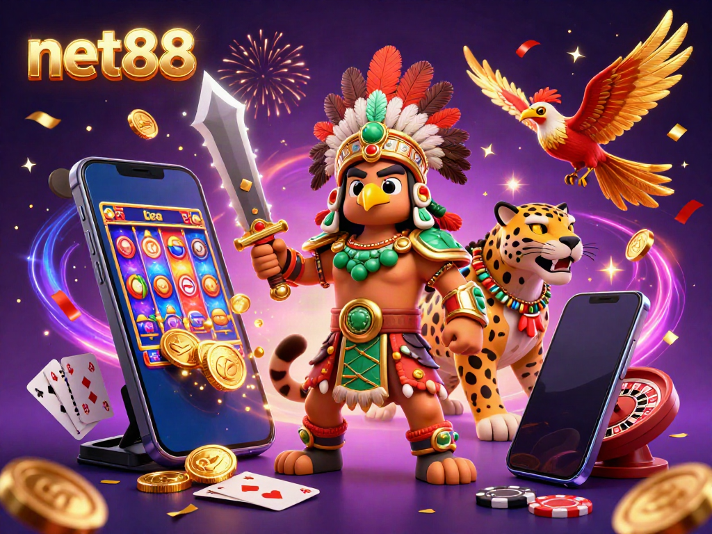 Experience gaming excitement with net88's festive Aztec-inspired 3D illustration, showcasing vibrant casino elements.