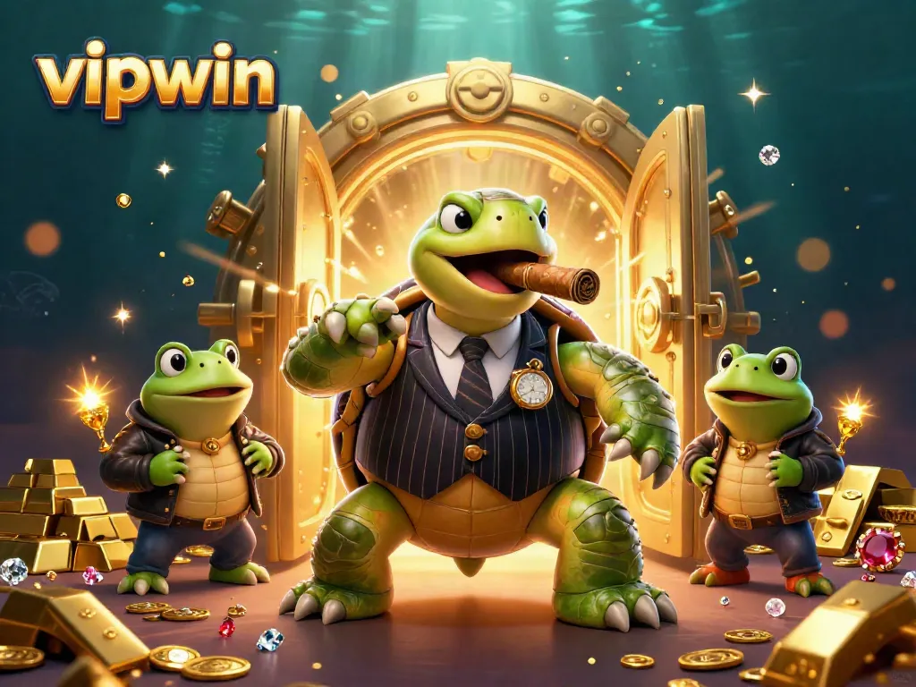 Play and win big with the vibrant casino scene featuring vipwin's iconic turtle and frog characters.