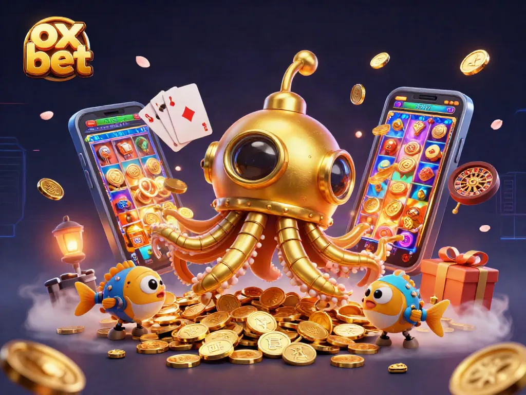 Spin and win at ox bet with golden kraken submarine amidst coins and thrilling casino game elements.