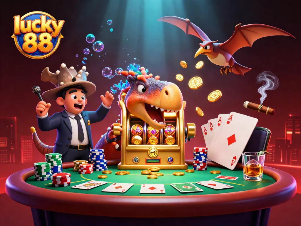 Experience lucky 88 thrills with a pachycephalosaurus headbutting a golden slot machine, winning coins.