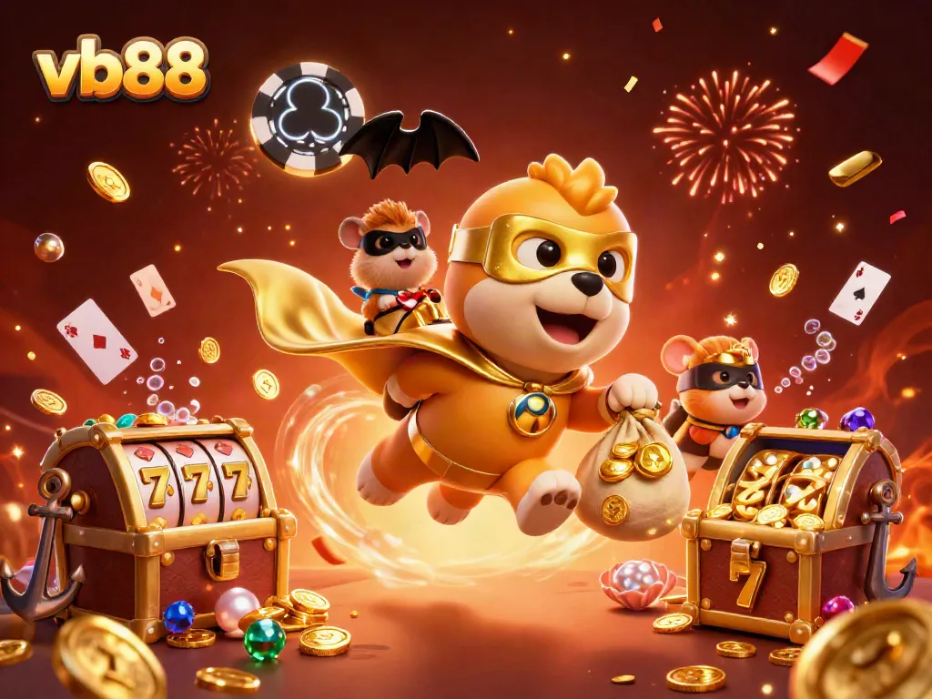 Engage in thrilling VB88 gameplay with a superhero dog flying with gold coins while celebrating with poker chips and casino elements.
