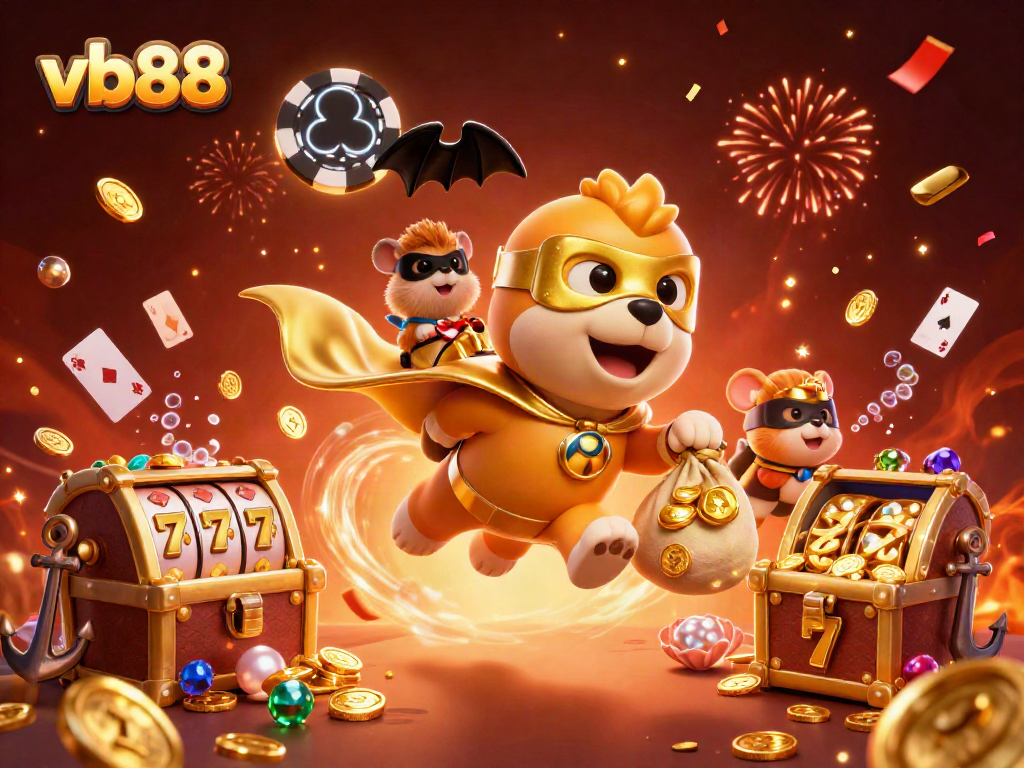 Engage in thrilling VB88 gameplay with a superhero dog flying with gold coins while celebrating with poker chips and casino elements.