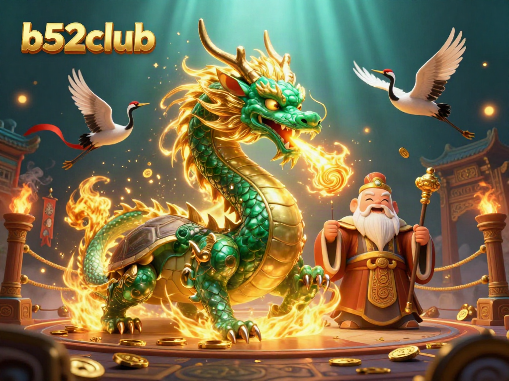 Experience thrilling gameplay at b52club with an epic scene of a jade dragon and lucky cranes amidst gambling elements.