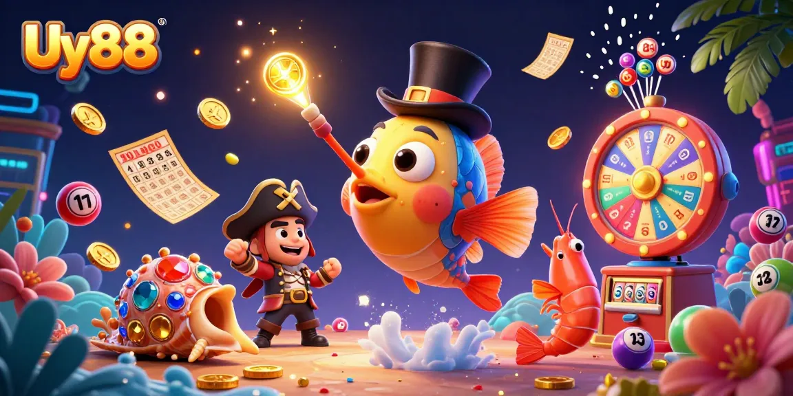 Experience fun with Uy88 as the anglerfish attracts coins amidst colorful gaming elements.