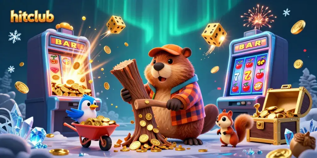 Experience hitclub excitement as cartoon characters celebrate winning streaks around slot machines and coins.