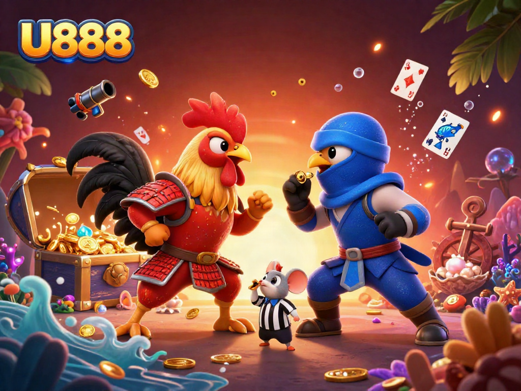 U888 showcases a dramatic fighting rooster matchup with dynamic casino elements for an engaging gaming experience.
