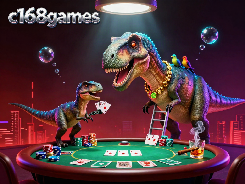 Engage with vibrant c168games illustration featuring a giant dinosaur overseeing a lively poker game.
