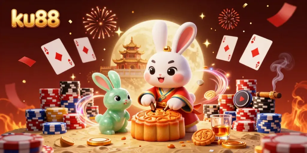 Experience the thrill of ku88 with a magical scene featuring a moon rabbit and poker elements.