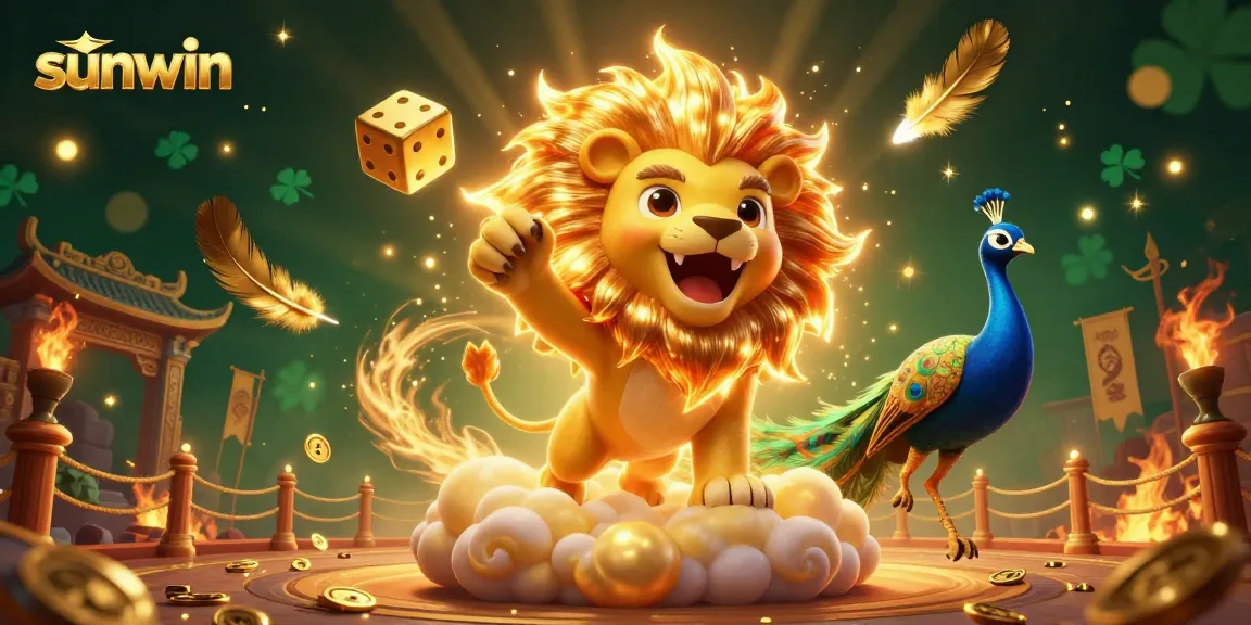 Experience sunwin with dynamic 3D casino elements, featuring golden dice and vibrant lion design.