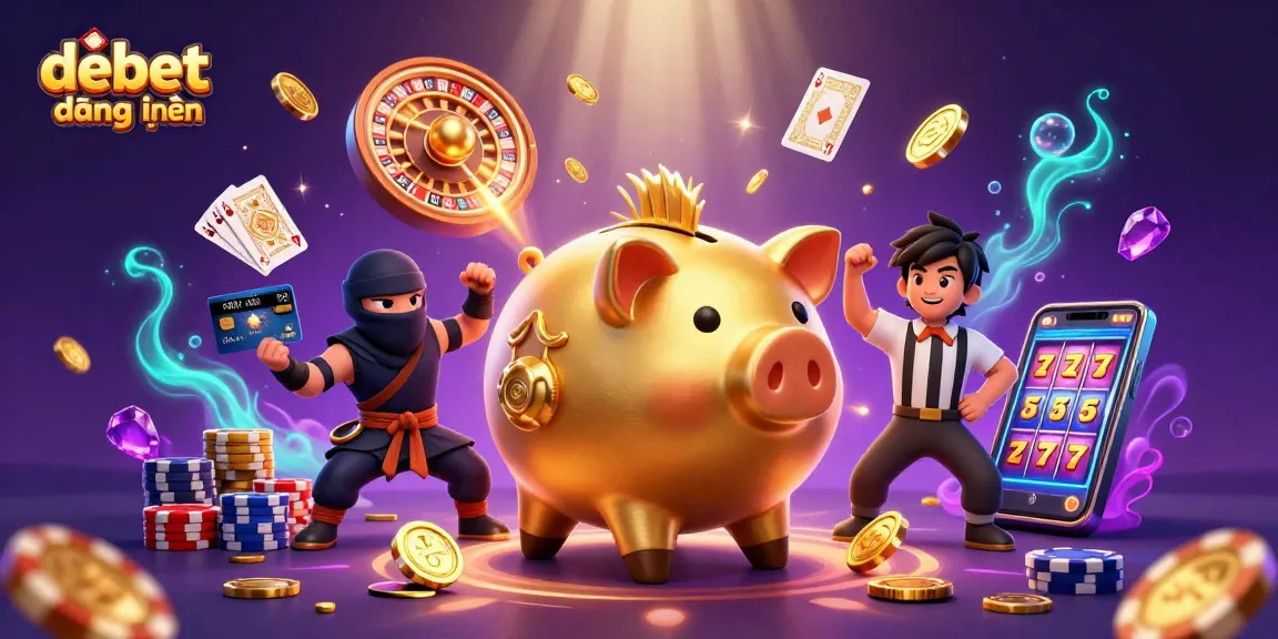 Experience dynamic wins with debet đăng nhập in an animated casino scene featuring a golden piggy bank and vibrant game elements.