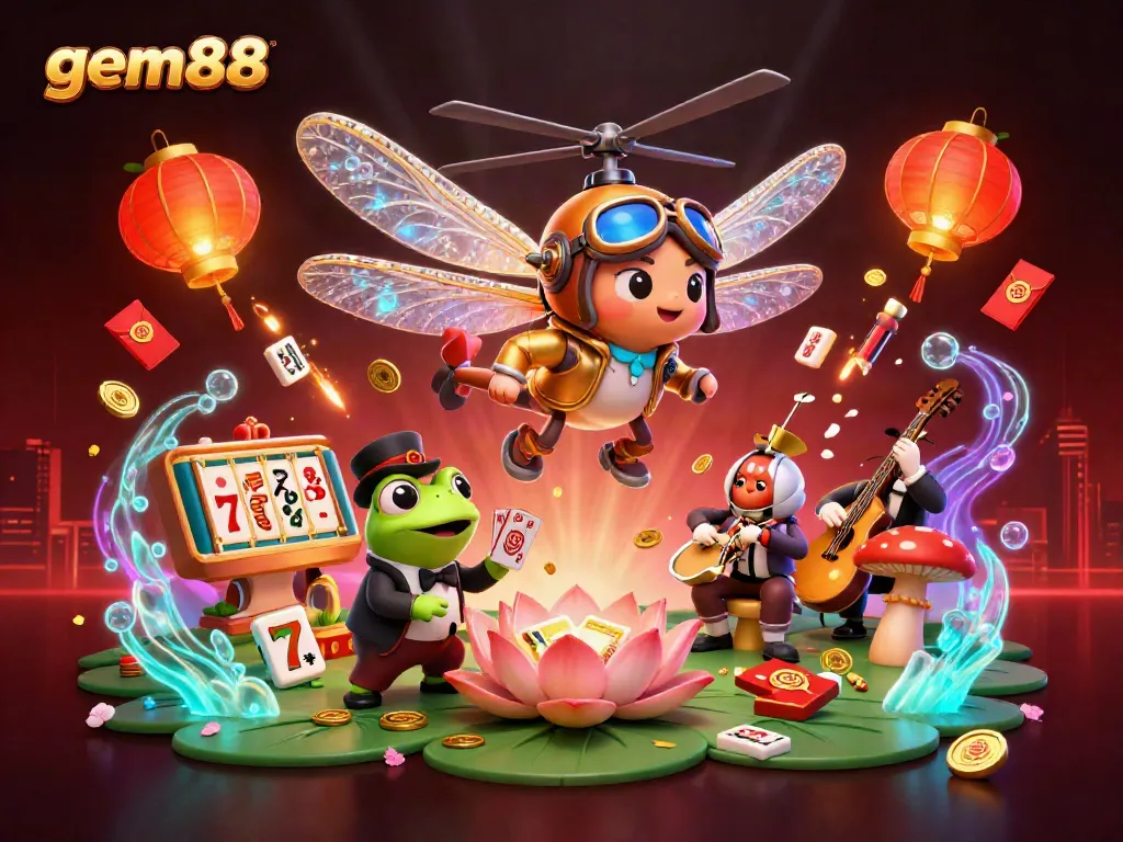 Experience excitement with gem88 at a vibrant lily pad casino with lively characters and gaming elements.