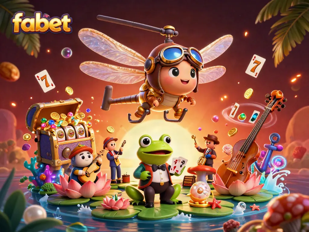 Witness the vibrant atmosphere of fabet's online gaming with a lively dragonfly pilot, frog croupier, and jazz band.