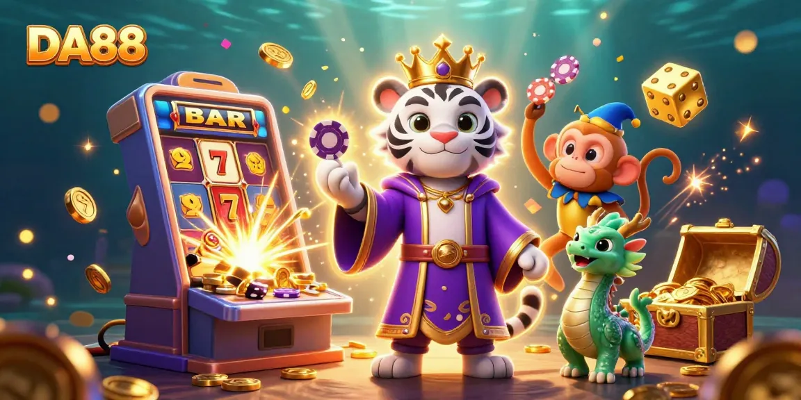 Experience the excitement of DA88 casino gaming with the lively tiger, monkey, and dragon surrounded by game symbols and rich graphics.