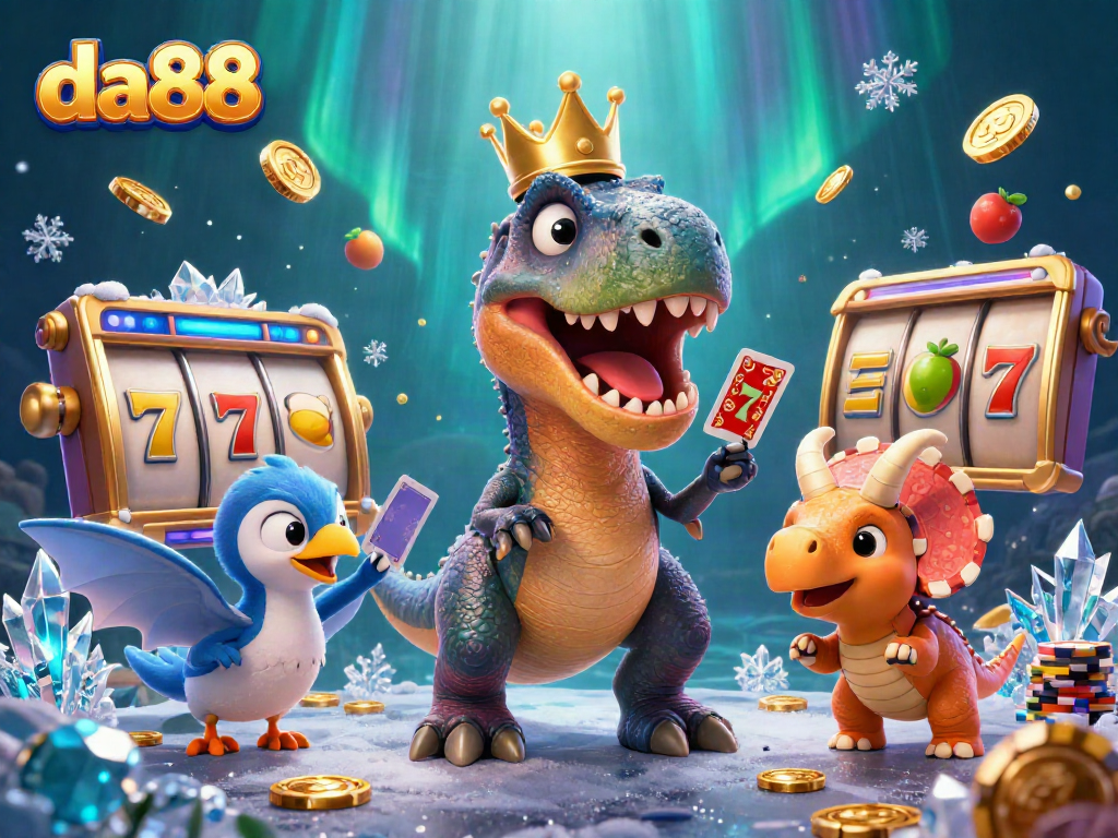 Engage in thrilling da88 slot games with T-Rex shuffling cards and friends stacking chips.