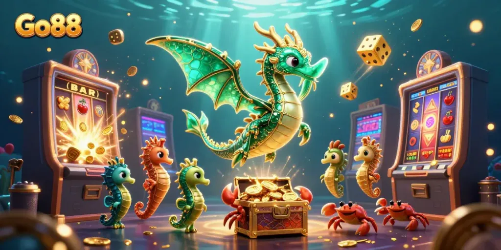 Experience the fortune of Go88 with dazzling slot machines and mythical sea creatures.