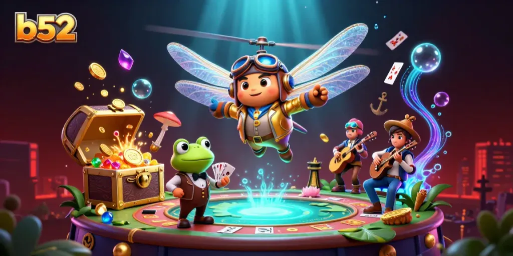 Experience vibrant b52 gaming with a dragonfly pilot and frog croupier amidst underwater treasures