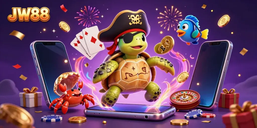 Experience thrilling entertainment with JW88’s vibrant casino art featuring a cartoon pirate turtle and treasure.