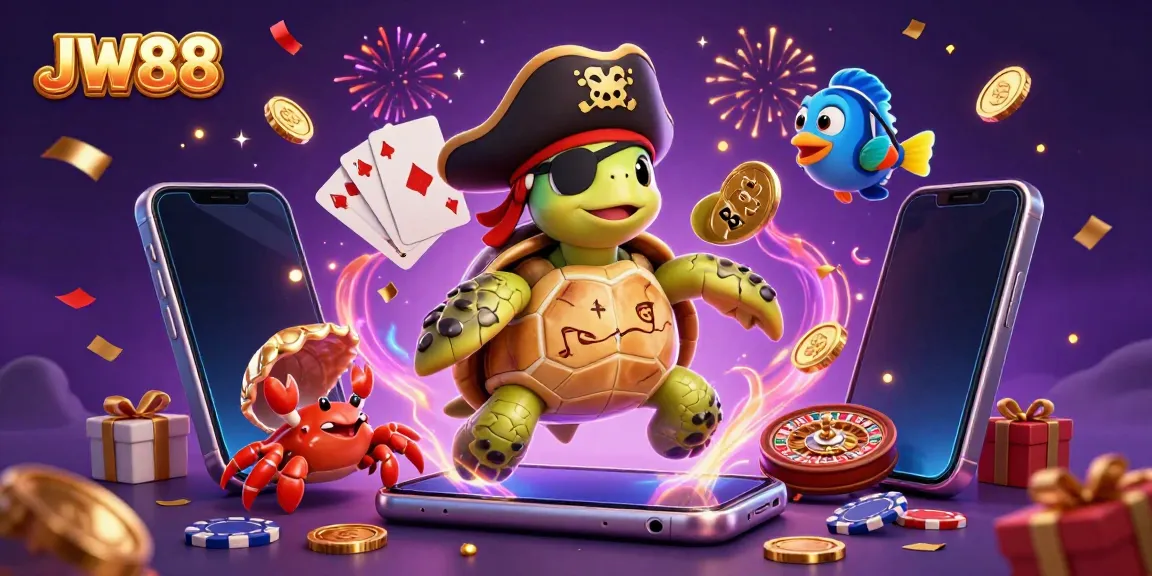 Experience thrilling entertainment with JW88’s vibrant casino art featuring a cartoon pirate turtle and treasure.
