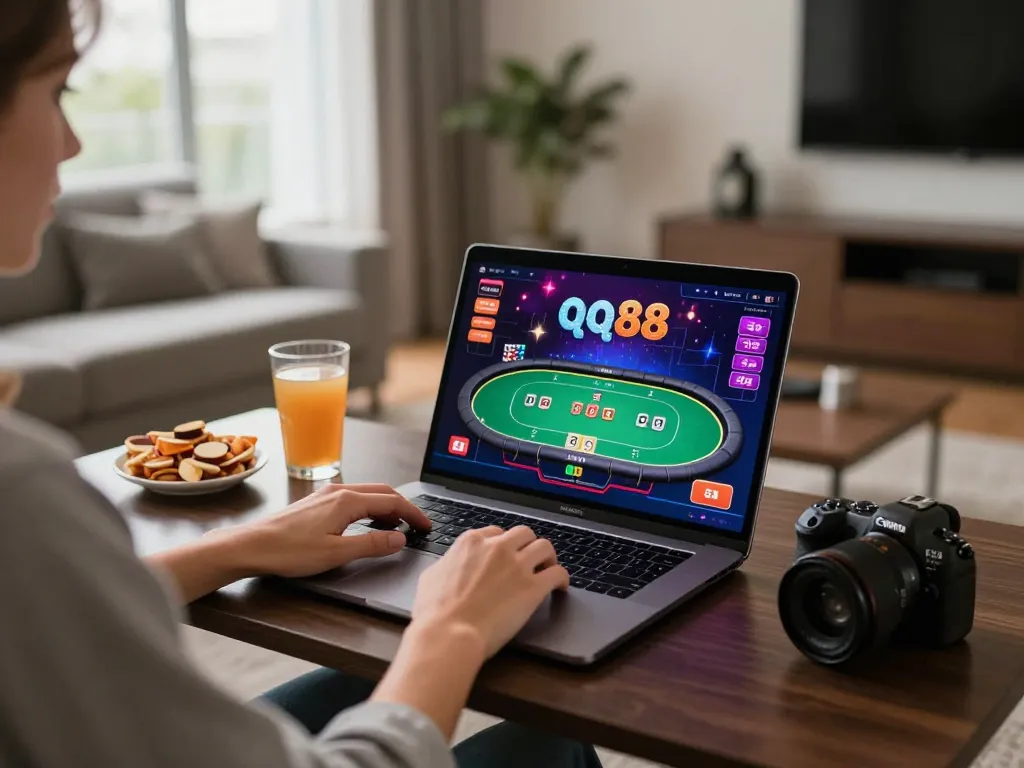 Player engaged in a thrilling online casino game at home on qq88 to, showcasing an inviting setup