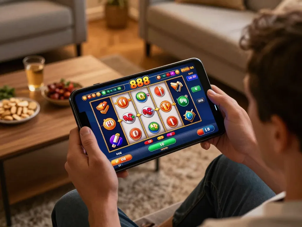 Pemain menikmati slot88 di smartphone sambil bersantai di rumah selama sesi permainan online.