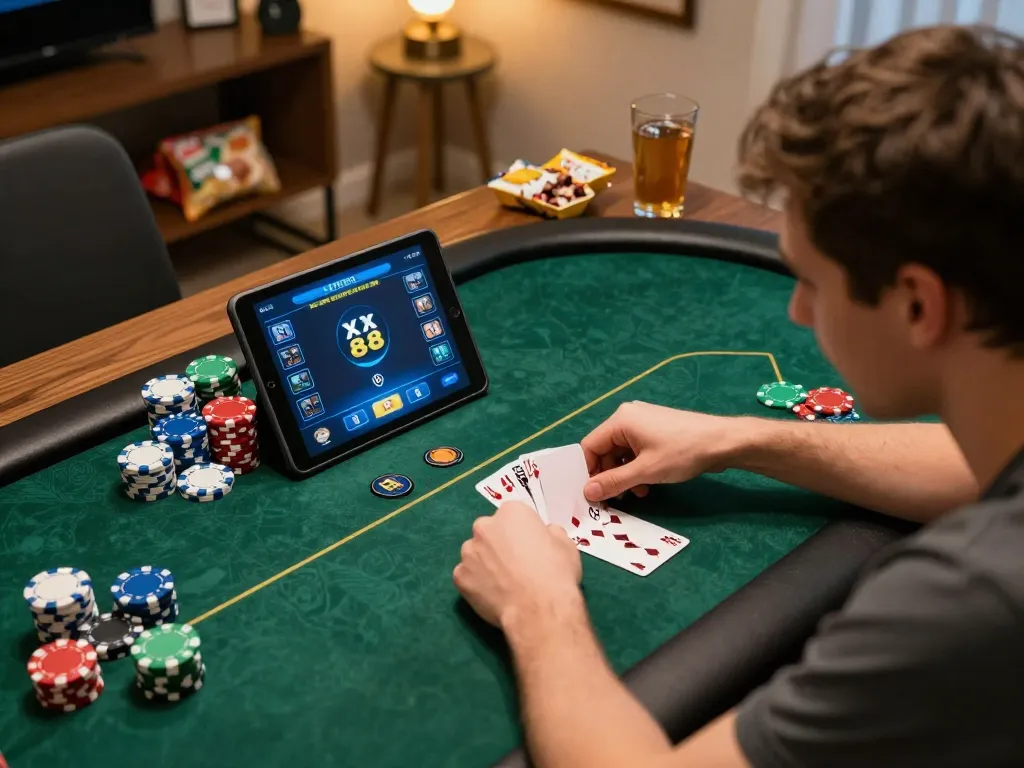 Engaged player analyzing hand in online XX 88 poker game at home