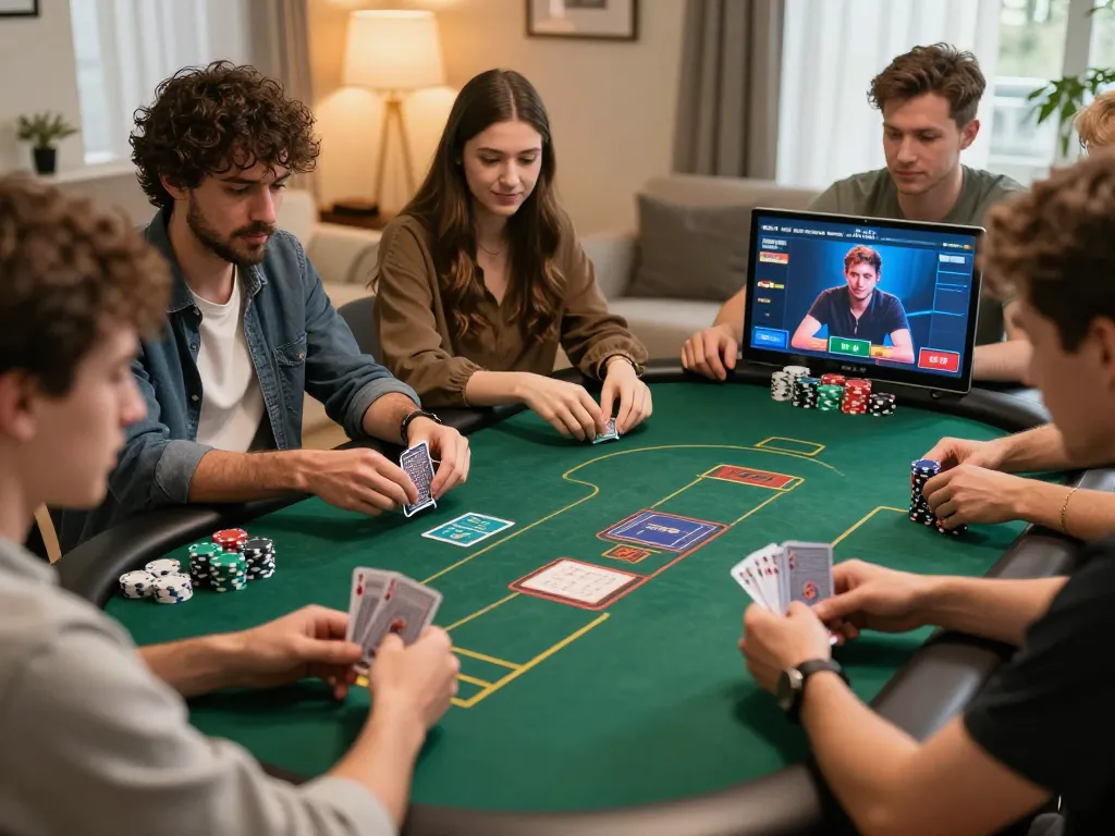 CM88 players engaged in a thrilling online poker game, showcasing strategy and excitement in a cozy home setting.