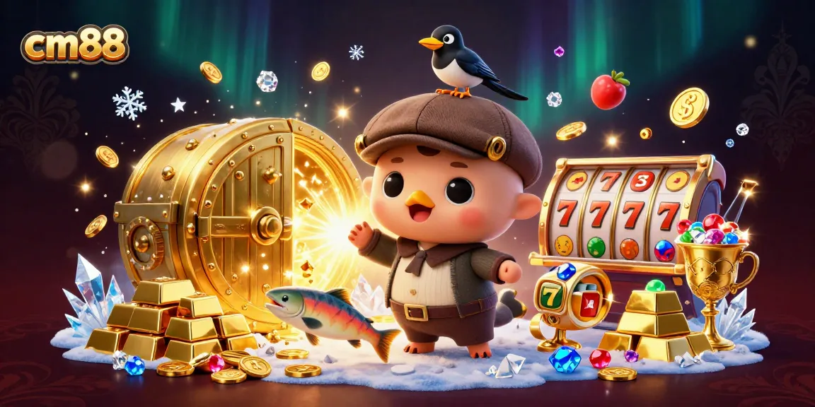 Engage in exciting slots at cm88 with a fun scene featuring cartoon characters, gold treasures, and vibrant symbols.