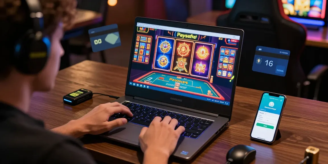 Fesselnde Spielsituation im Paysafe Card Casino, die einen Spieler mit Laptop und Paysafe Card zeigt.