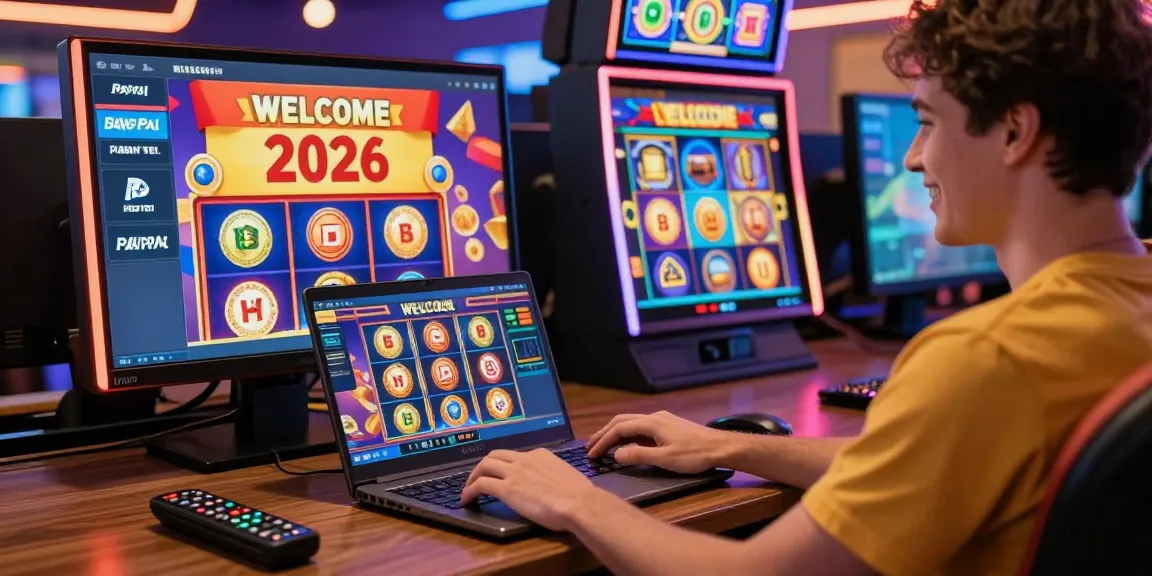 Scena emozionante di un giocatore che si diverte con giochi di casinò non AAMS su un laptop con grafica colorata e varie opzioni di pagamento.