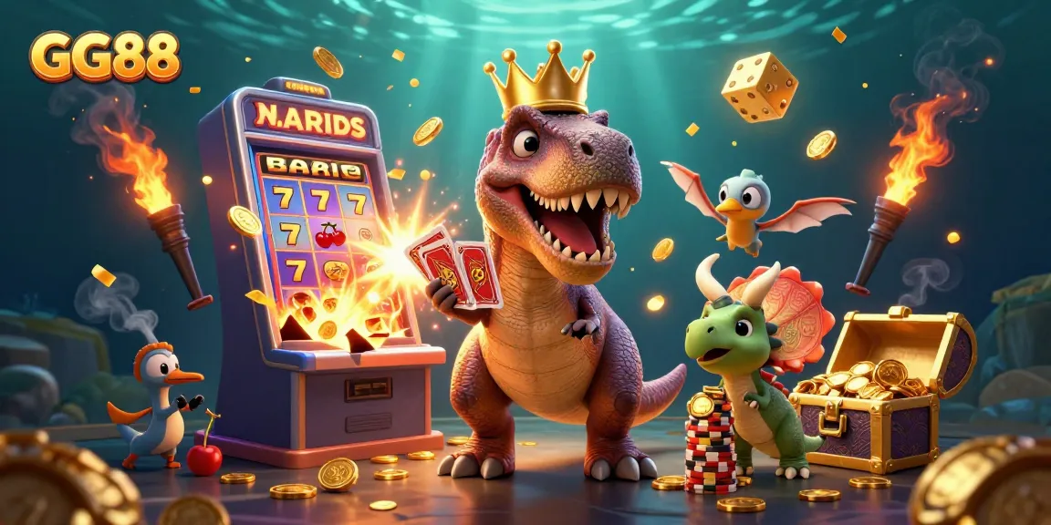 Experience the excitement of GG88 with a playful T-Rex shuffling cards and friends amid a jackpot explosion.